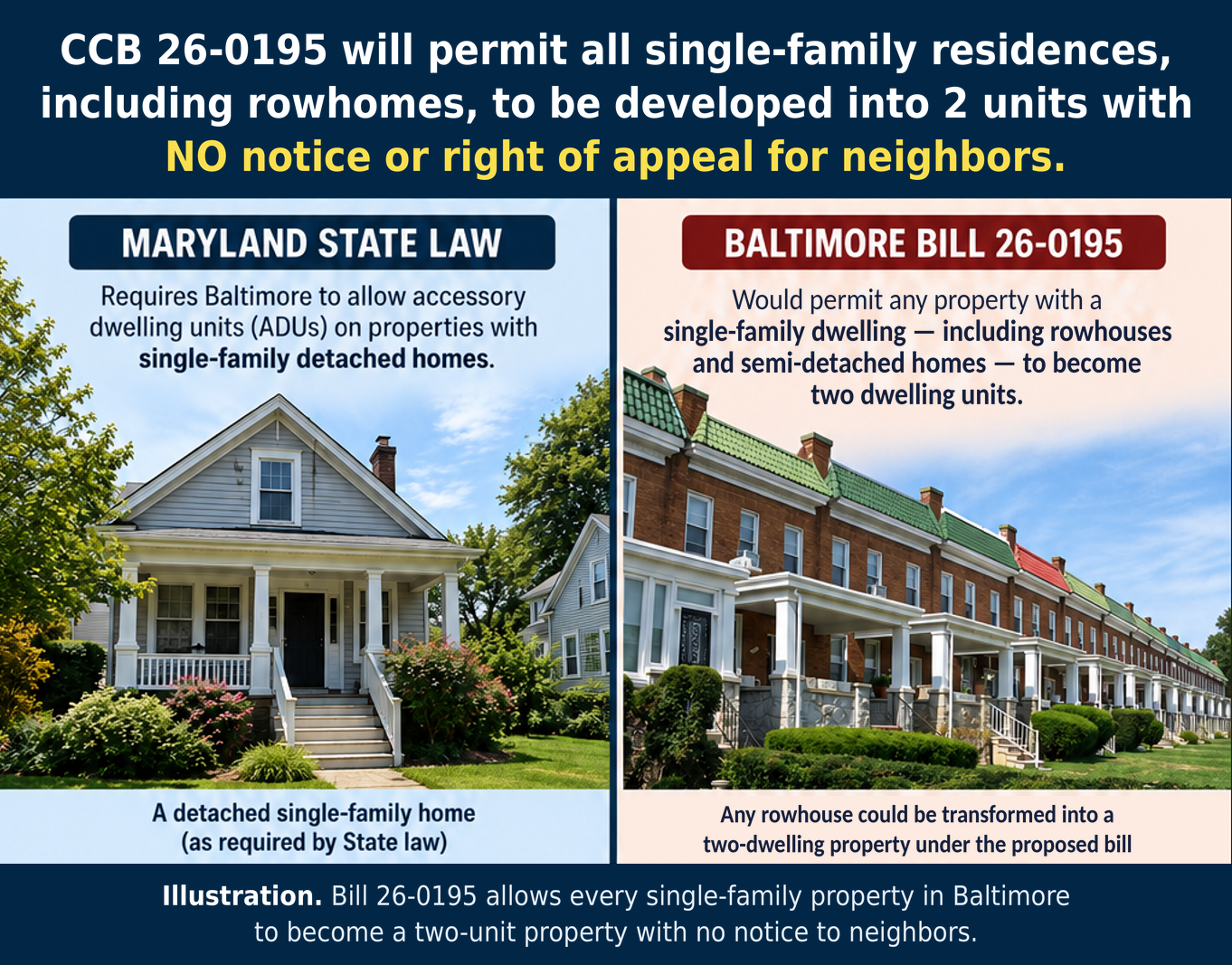 Why is Baltimore considering going beyond what the State authorizes? Side-by-side comparison. Left: a detached single-family house. Maryland law requires Baltimore to allow accessory dwelling units on these. Right: a long row of rowhouses. Baltimore Bill 26-0195 would allow accessory dwelling units on any property with a principal dwelling, including rowhouses and semi-detached homes.